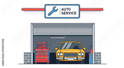Minimal flat vector of auto garage front view, compact design with open shutter showing yellow car, toolboxes and signboard, faceless illustration, modern and neat style