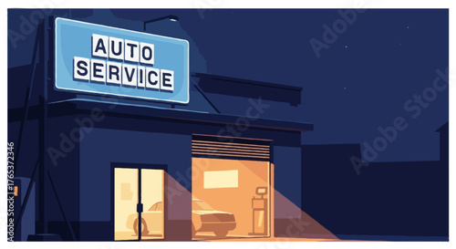 Flat vector illustration of an auto service garage at night, with glowing lights inside the building, red car visible through open garage door, lamp posts illuminating the scene
