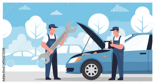 Flat vector illustration of faceless car mechanics repairing a car with an open hood outdoors