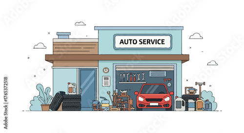 Flat vector illustration of an auto service garage building exterior, with a red car inside the open garage, tires, oil cans, and repair tools around