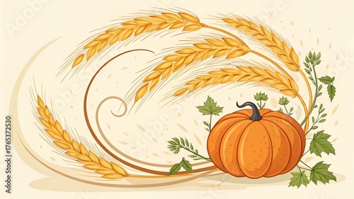 Golden Wheat Ears Swirling Around Pumpkin
