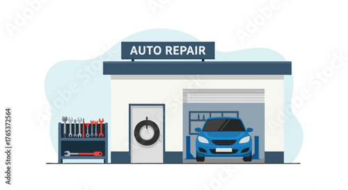 Flat vector of a small auto repair shop with blue car parked inside, mechanic tools and hanging tire outside, simple modern building with signage