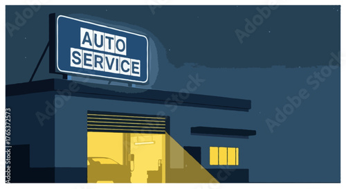 Flat vector illustration of an auto service garage at night, with glowing lights inside the building, red car visible through open garage door, lamp posts illuminating the scene