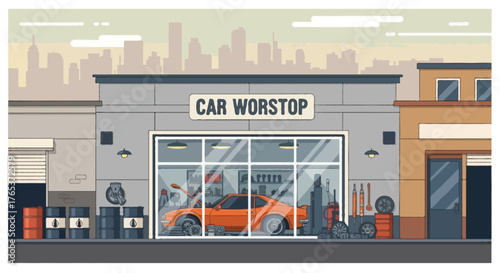 Vector illustration of an urban car workshop facade with orange vehicle, oil barrels, spare parts, and large window