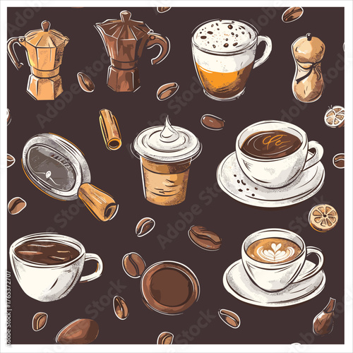 Coffee drinks and accessories arrangement on brown background