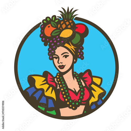 Beautiful girl in a fruit hat. Fruit basket on head.
