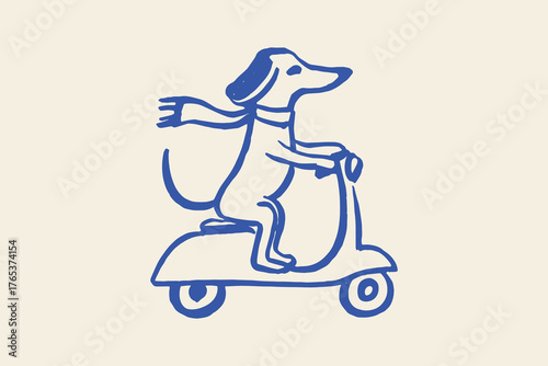 Dachshund riding scooter minimalist sketch vector illustration