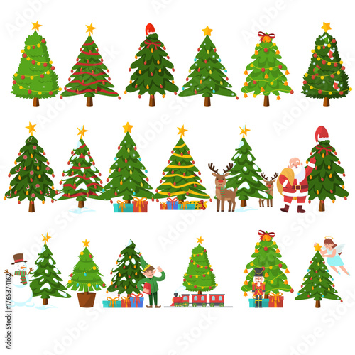 A big set of Christmas Tree illustrations featuring festive pine trees decorated with stars, ornaments, candy canes, ribbons, and lights, designed in a colorful cartoon style on a white background