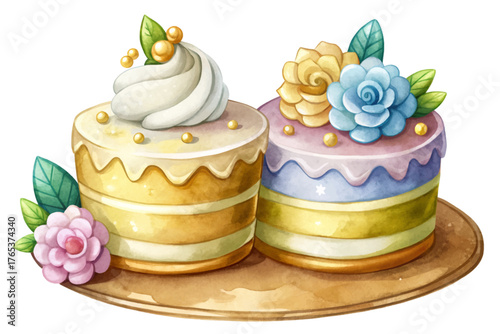 Mini wedding cake with white frosting, flowers, and golden topper isolated on clean white background