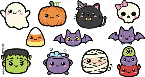 Cute Kawaii Cartoon Halloween Ghost and Monster Icon Set