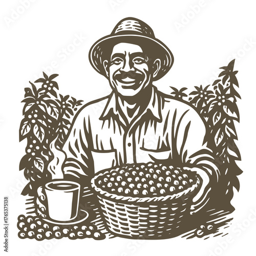 Coffee farmers concept.  Man collecting picking up seeds. Harvest and crops.