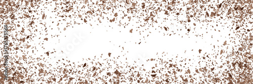 Chocolate crumbs top view on white bg. Brown cookie pieces or crunches on the table surface. Scattered broken crushed coffee beans isolated on white. Vector illustration.