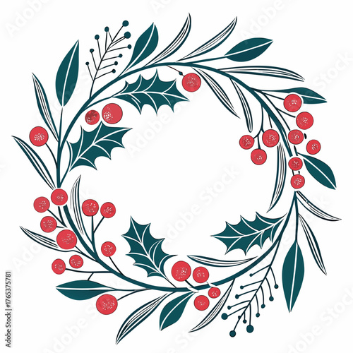 Illustration of a festive wreath composed of holly leaves, branches, and red berries on white background