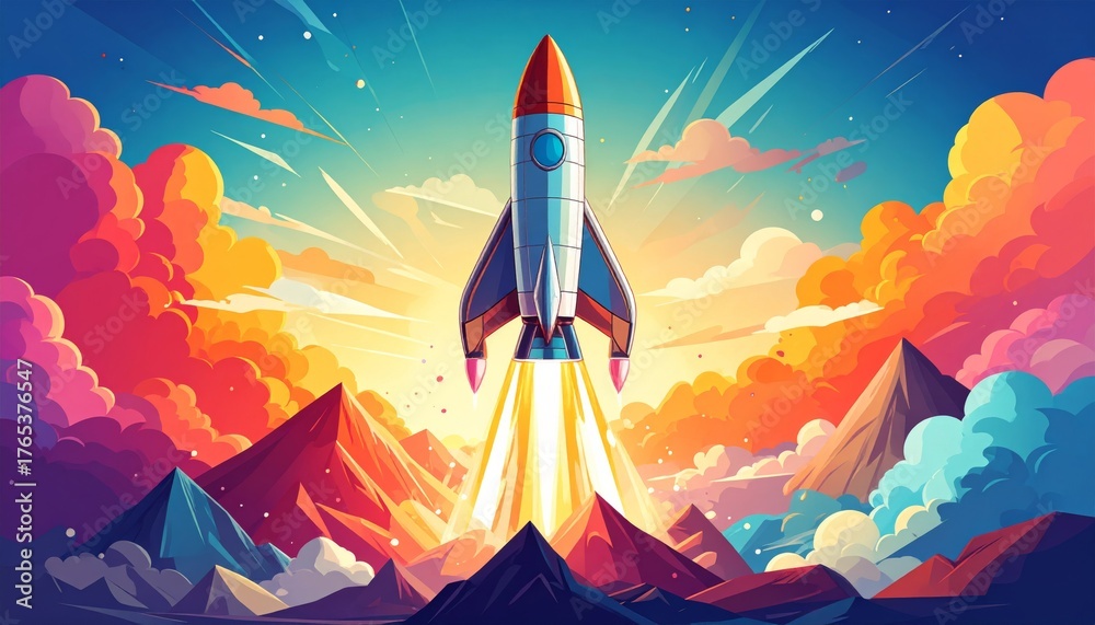 Obraz premium A colorful cartoon rocket spaceship is flying through the night sky past the moon and stars on an exploration science travel mission, available as a vector illustration
