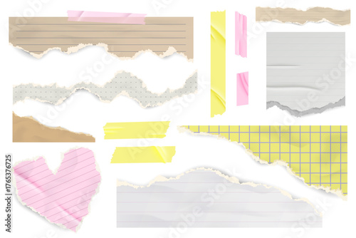 Torn paper of notebook sheet. Piece of page vector illustrations on white background. Cut out pink heart shape for scrapbooking and template design. Realistic grunge rough stickers