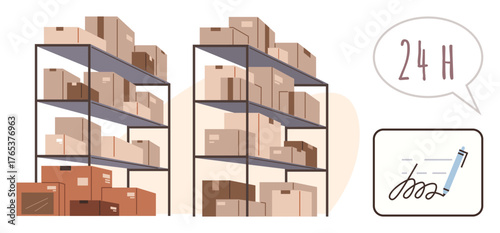 Racks stacked with boxes and packages, speech bubble indicating 24-hour delivery, signed document. Ideal for logistics, shipping, e-commerce, inventory, delivery supply chain fulfillment. Simple