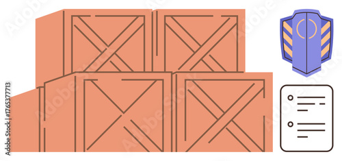 Wooden crates stacked neatly, shield for security, and checklist for order tracking. Ideal for logistics, inventory, safety, organization, shipping, delivery warehouse simple flat metaphor