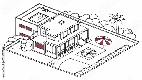 Isometric Modern House Illustration with Swimming Pool and Garden Design