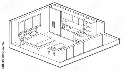 Isometric Line Art Studio Apartment Layout: Minimalist Small Living Space Architectural Drawing