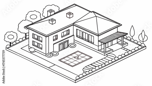 Isometric Line Art of a Modern House with Garden and Swimming Pool, Black and White Outline Drawing