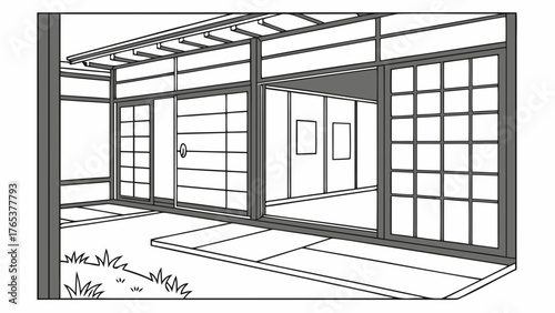 Traditional Japanese House Engawa and Interior with Shoji Doors - Minimalist Black and White Line Art Architecture Illustration