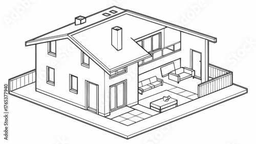 Isometric Architectural Line Drawing of Modern House with Cutaway Interior View, Showing Living Spaces and Patio