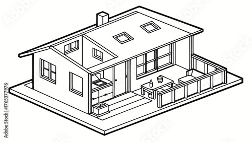 Isometric Line Art House with Cutaway View and Balcony. Architectural Drawing of Small Modern Home with Interior Layout and Terrace.