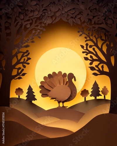 Artistic paper cutout scene featuring a turkey against a glowing sunset.