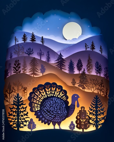Artistic layered scene of a turkey in a forest at night, showcasing intricate designs.