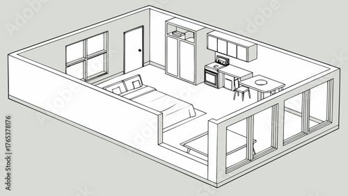 Isometric Black and White Drawing of a Modern Studio Apartment Layout: Minimalist Architectural Design for Small Living Space with Kitchenette and Bed