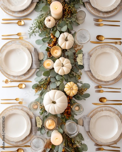 Elegant table setting with pumpkins and greenery for a cozy autumn dinner.