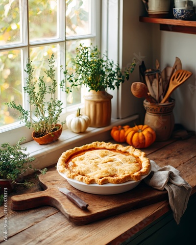 Freshly baked pumpkin pie on a rustic kitchen table with herbs and small pumpkins.