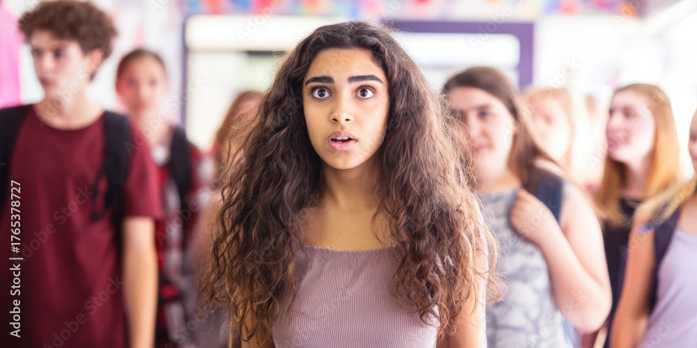 Obraz premium Teenager girl experiencing surprise, shock in crowded school hallway