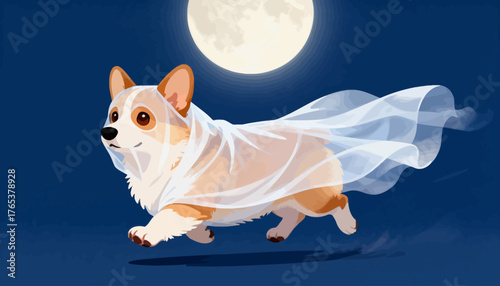 Adorable Corgi Dog Dressed as a Ghost for Halloween Under the Full Moon