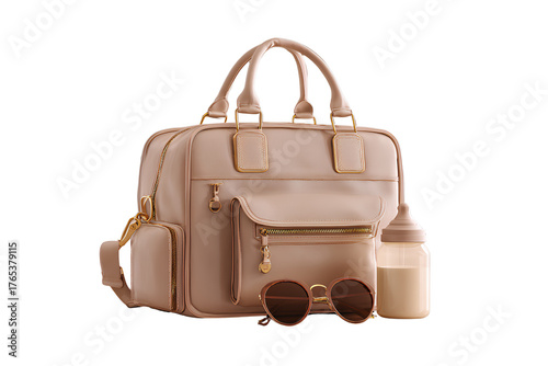 Stylish Leather Diaper Bag with Gold Zippers and Minimal Accessories, Luxury Parenting Fashion Concept, Isolated on Transparent Background