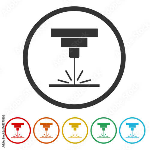 Laser machine icon graphics. Set icons in color circle buttons