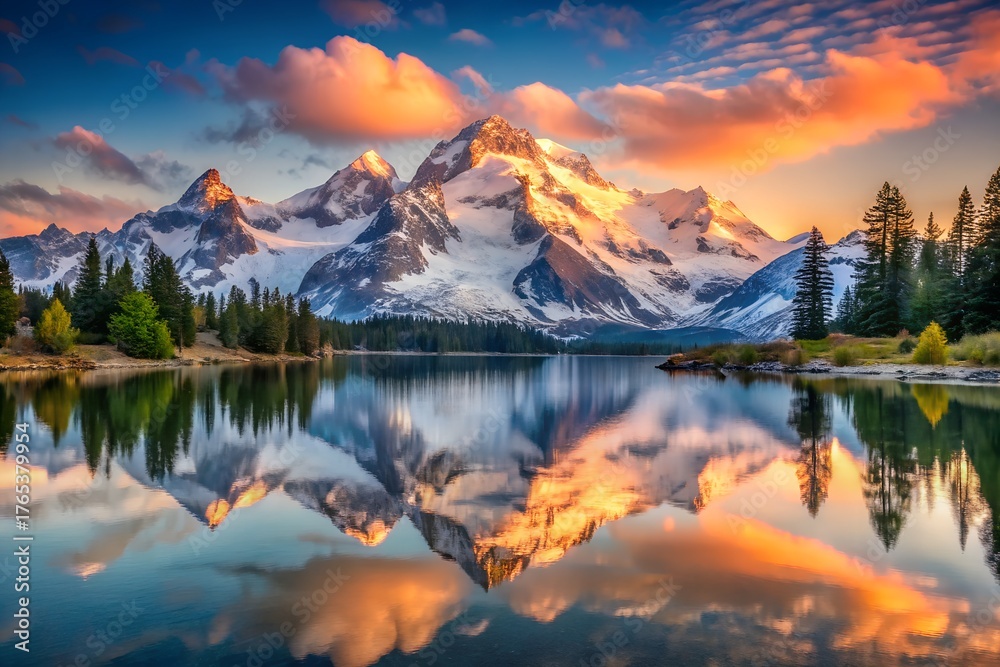 Fototapeta premium Majestic Mountain Range Reflected in Tranquil Lake at Sunrise