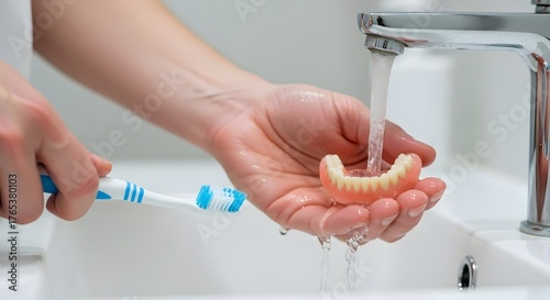 Hands carefully cleaning a removable dental prosthesis with a toothbrush under running tap water, emphasizing daily oral hygiene and dental care routine