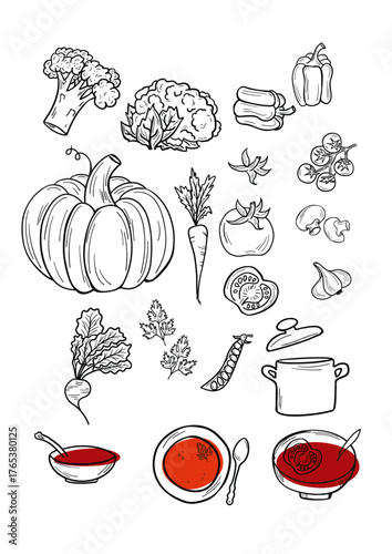 Gemuese, Suppe, Kueche, Saison, gesund, gezeichnet, topf und Teller, Suppenkueche