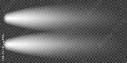 Car headlight top view. Lighthouse camera, motorcycle lamp flare. Night front flashlight, png overlay. Street led effect, light beam in smoky fog. Isolated train head spot vector, beacon lense aerial