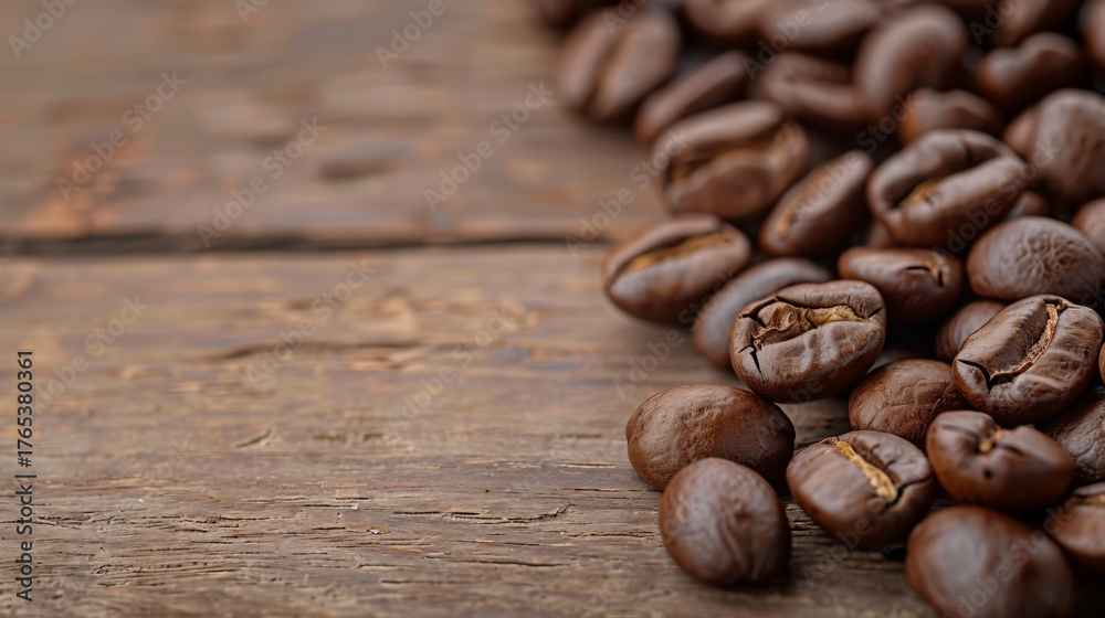 Fototapeta premium Roasted Coffee Beans on Rustic Wood: Close-up of roasted coffee beans arranged artfully on a weathered, wooden surface, their rich brown hues contrasting with the textured grain. Inviting aroma.