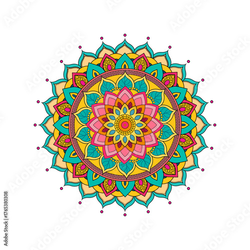 Vector hand drawn Ethnic mandala with colorful tribal ornament isolated on white background.