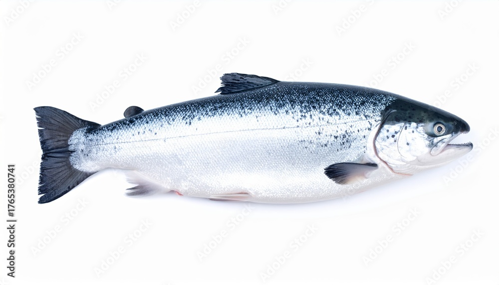 Obraz premium Fresh whole salmon fish on white background displaying silver scales and vibrant fins