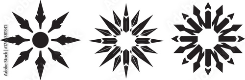Three black abstract starburst ornaments on a white background