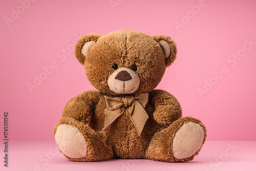 Teddy bear plush kids toy against a pink background