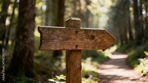 A rustic wooden directional signpost located near a forest path in a natural outdoor setting. travel magazines, destination branding, designed for outdoor magazines and nature guides.