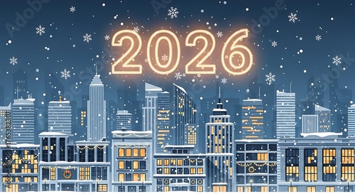 Bright neon 2026 illuminated above snowy new york city skyline at night with falling snowflakes