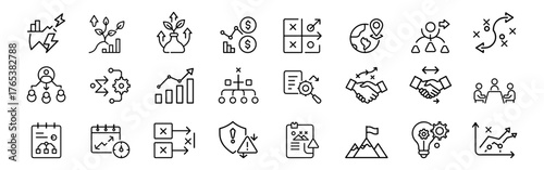 Business strategy outline icon set – planning, growth, analysis, decision making, leadership, risk management, teamwork, and goal achievement symbols