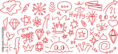Red Hand-Drawn Doodle Icons with Fun Sketch Elements and Positive Symbols