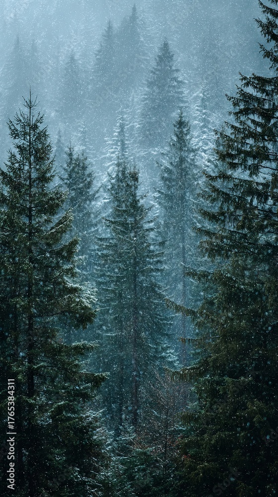 Fototapeta premium Snow-covered winter forest with coniferous trees in a mountainous area